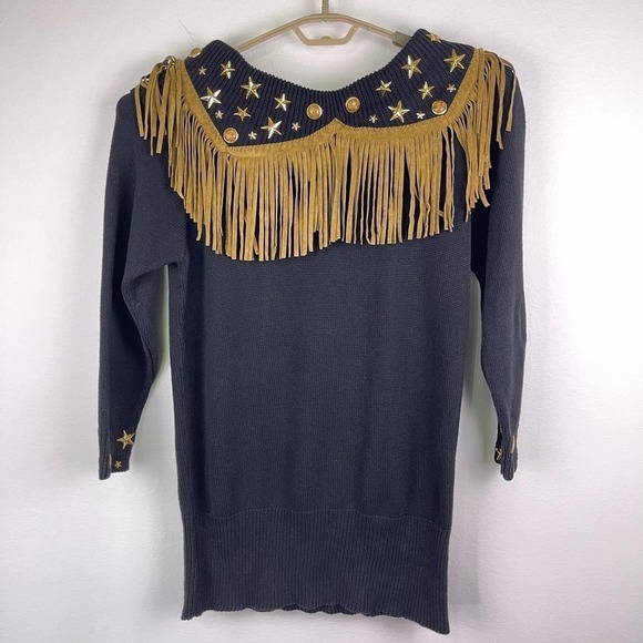 Vintage Suzy T Western Fringe Black Ribbed Star Studded Sweater Women's Medium - Picture 2 of 9